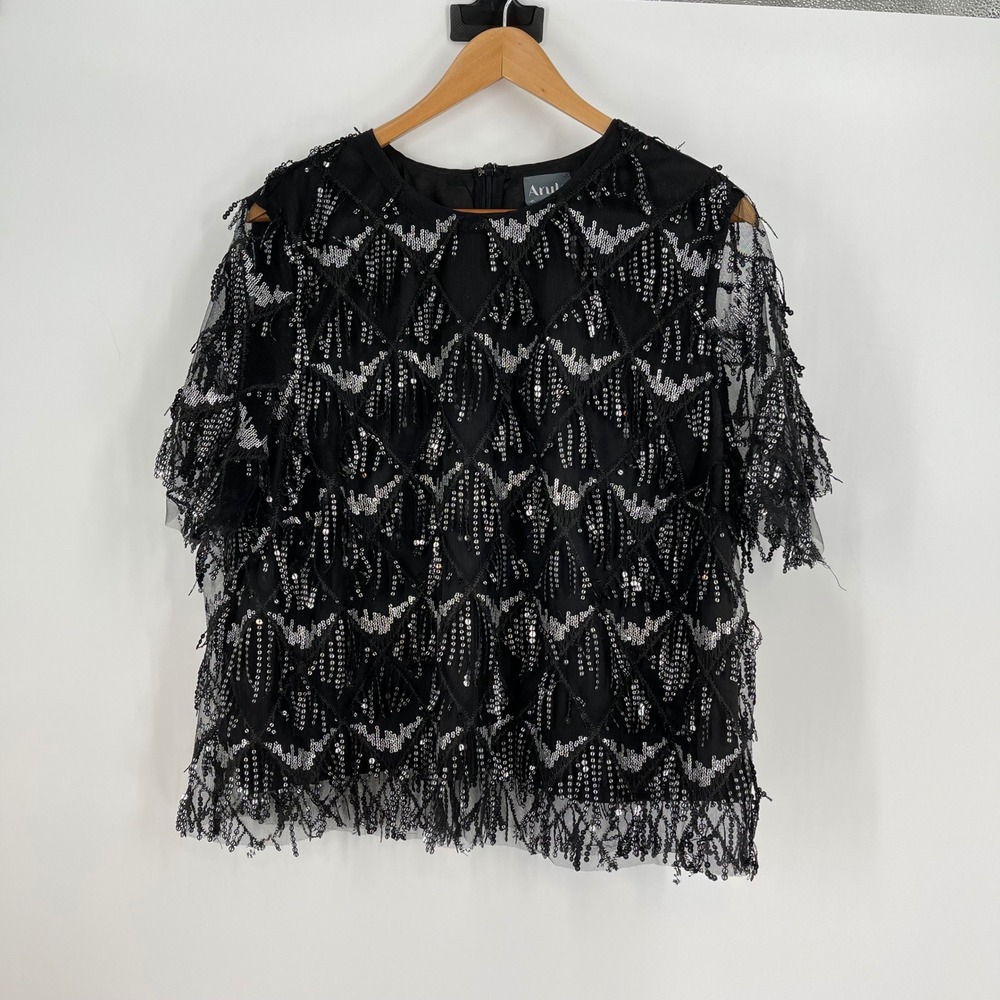 Arula Black‎ Silver Embellished Sequin Fringe Top Party Cocktail Size 14/16